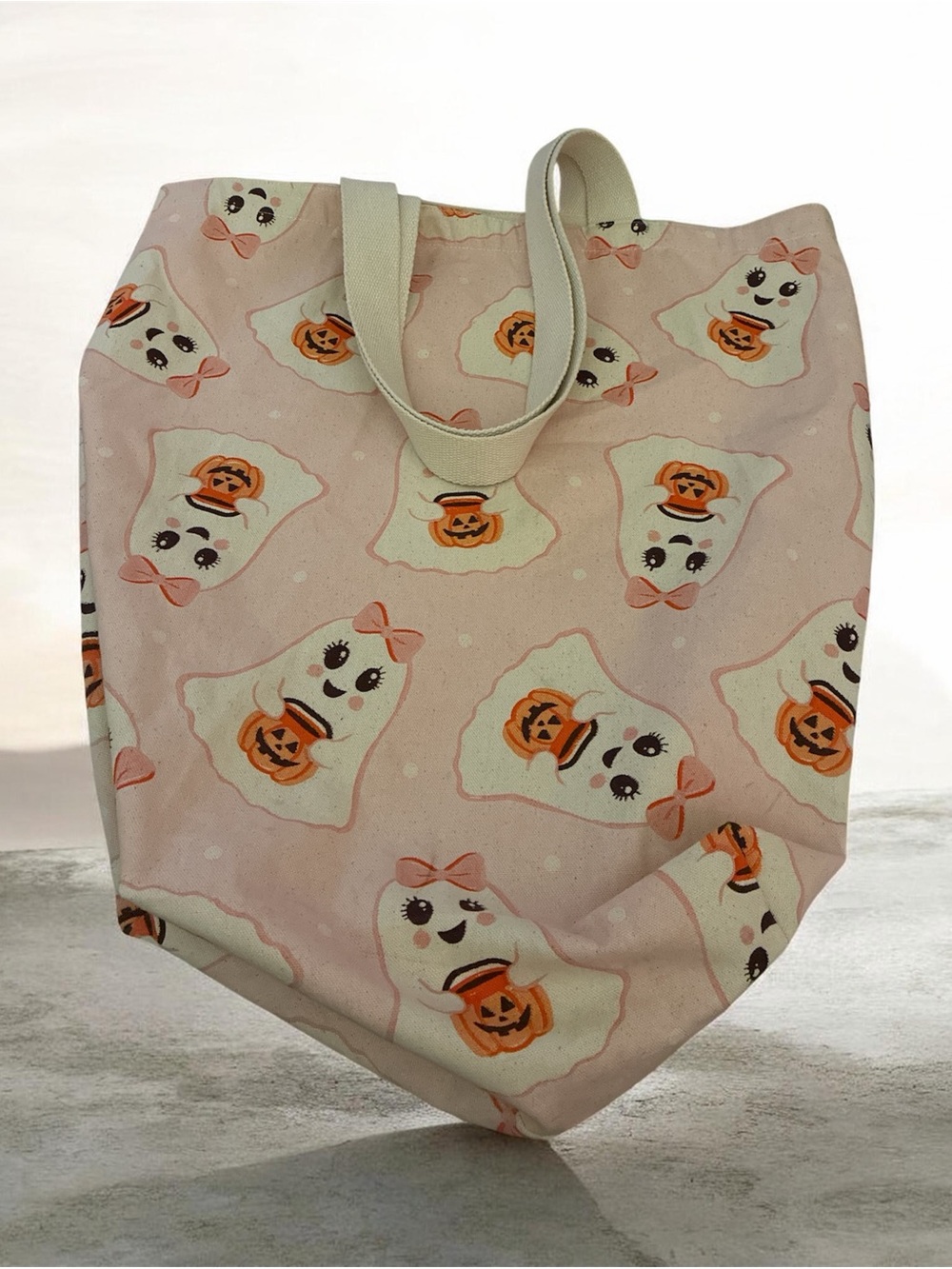 Pink Halloween Ghost Print Tote Bag